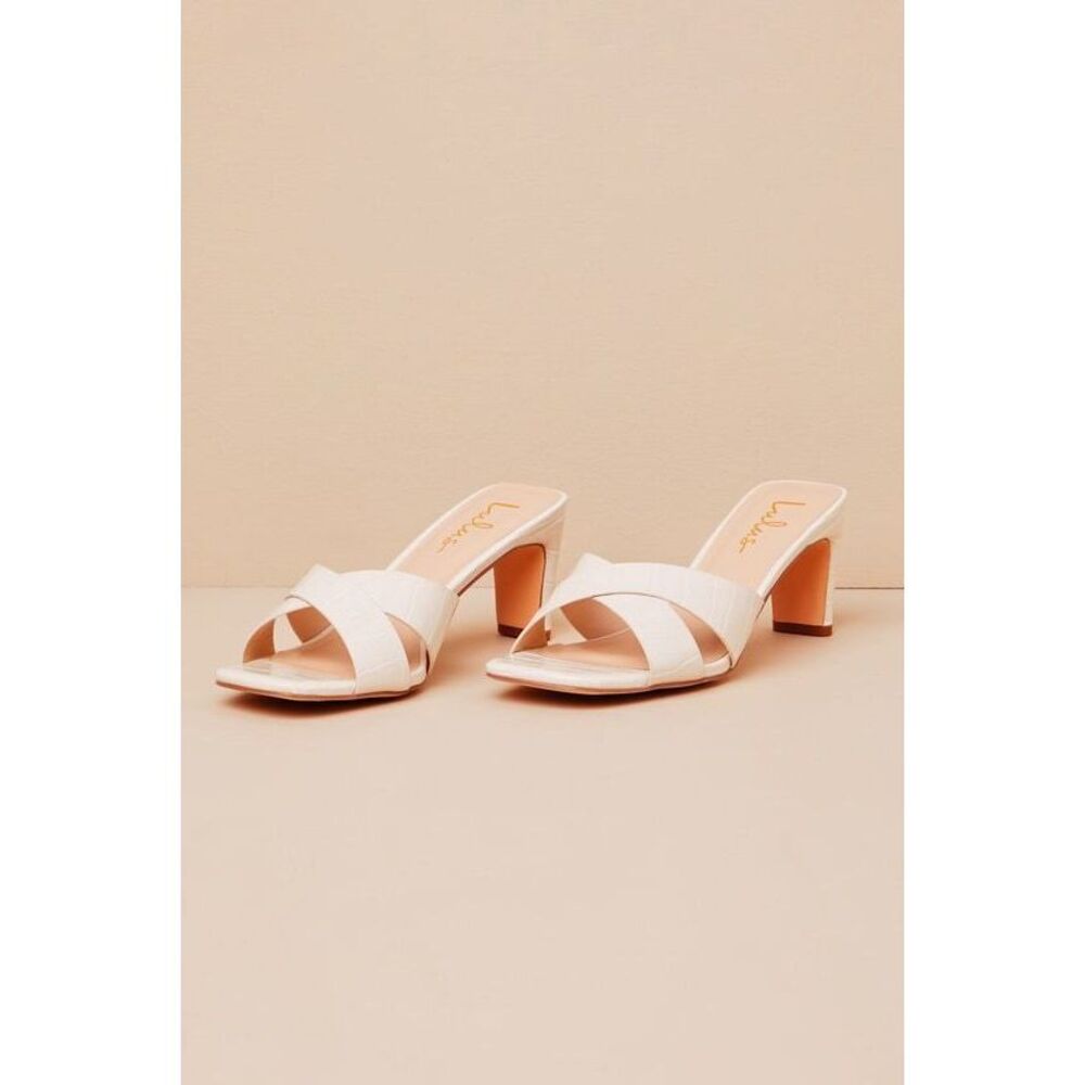 Lulus Deckerson Bone Crocodile-embossed High Heel Slide Sandals White - Size 9